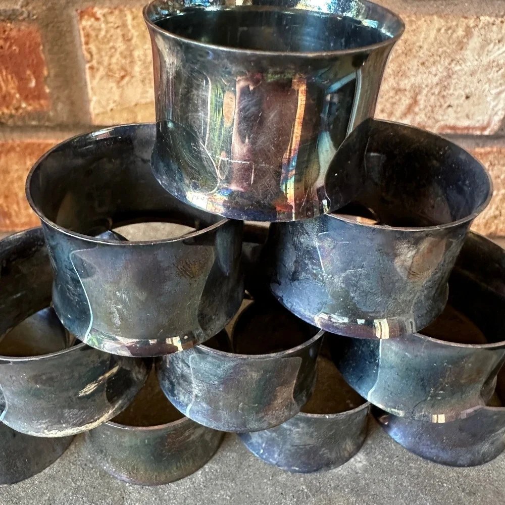 Vintage Silverplate Napkin Rings Set of 12 Concave Tarnish Patina Silver Tone